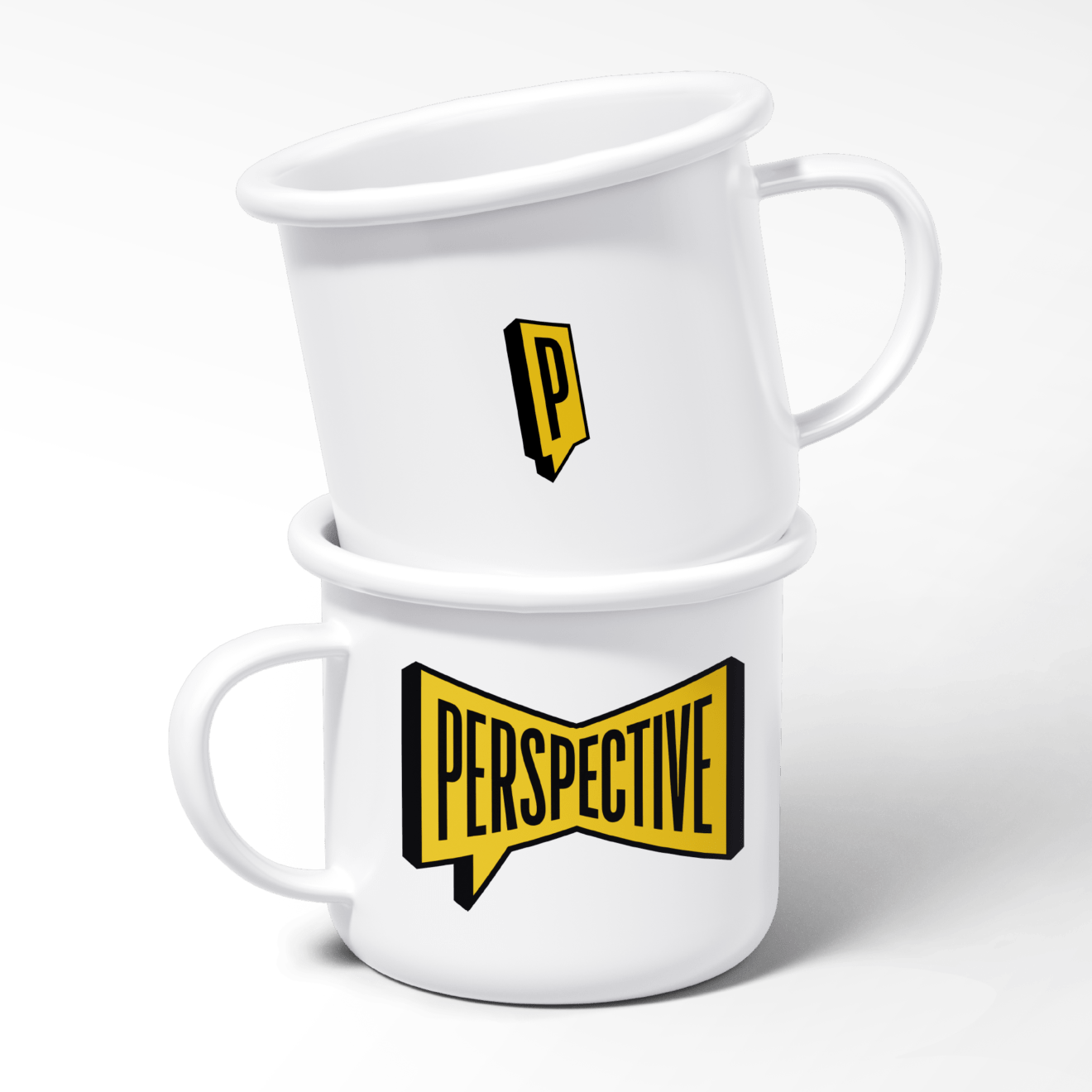 Mug mock-ups showing the perspective logo and brand in use.